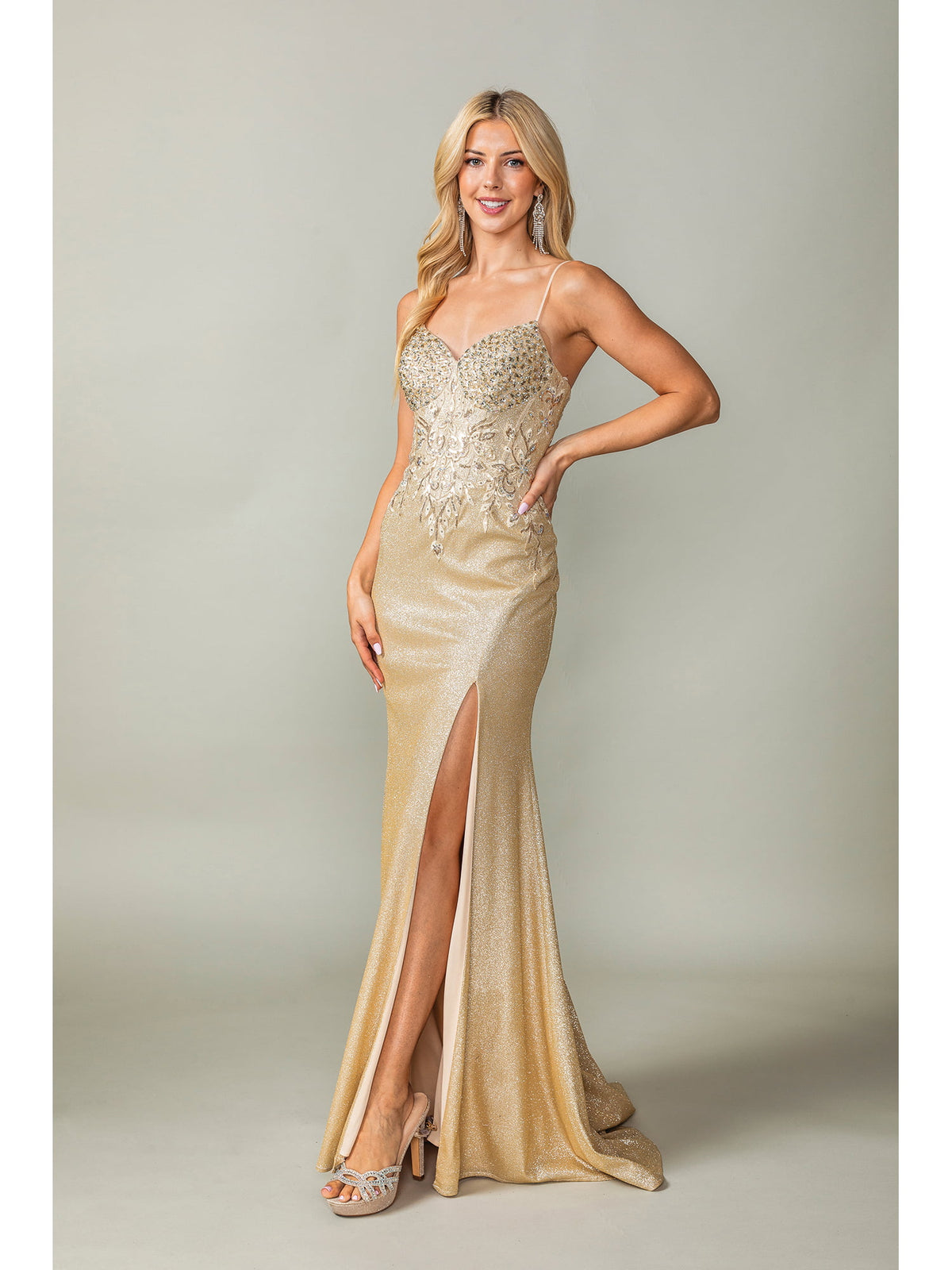 Dancing Queen 4375 prom dress in gold, front view