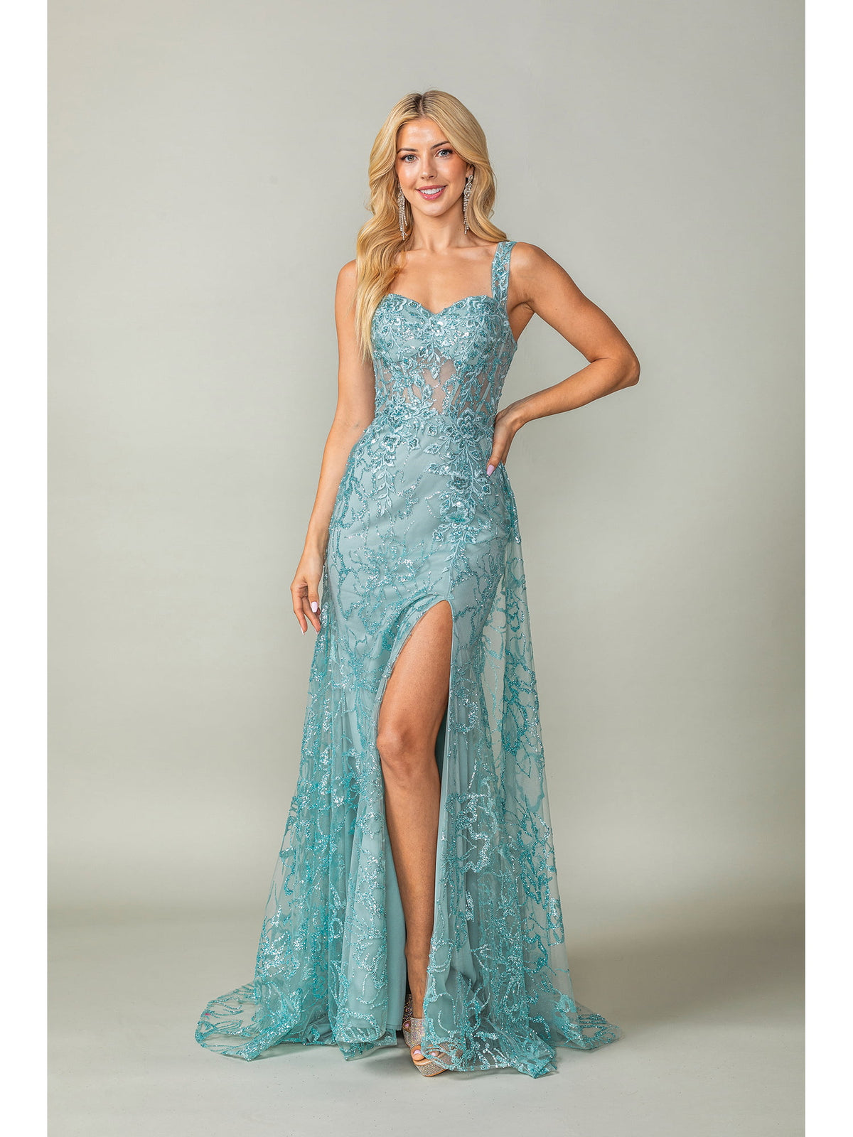 Dancing Queen 4379 prom dress in sage, front view