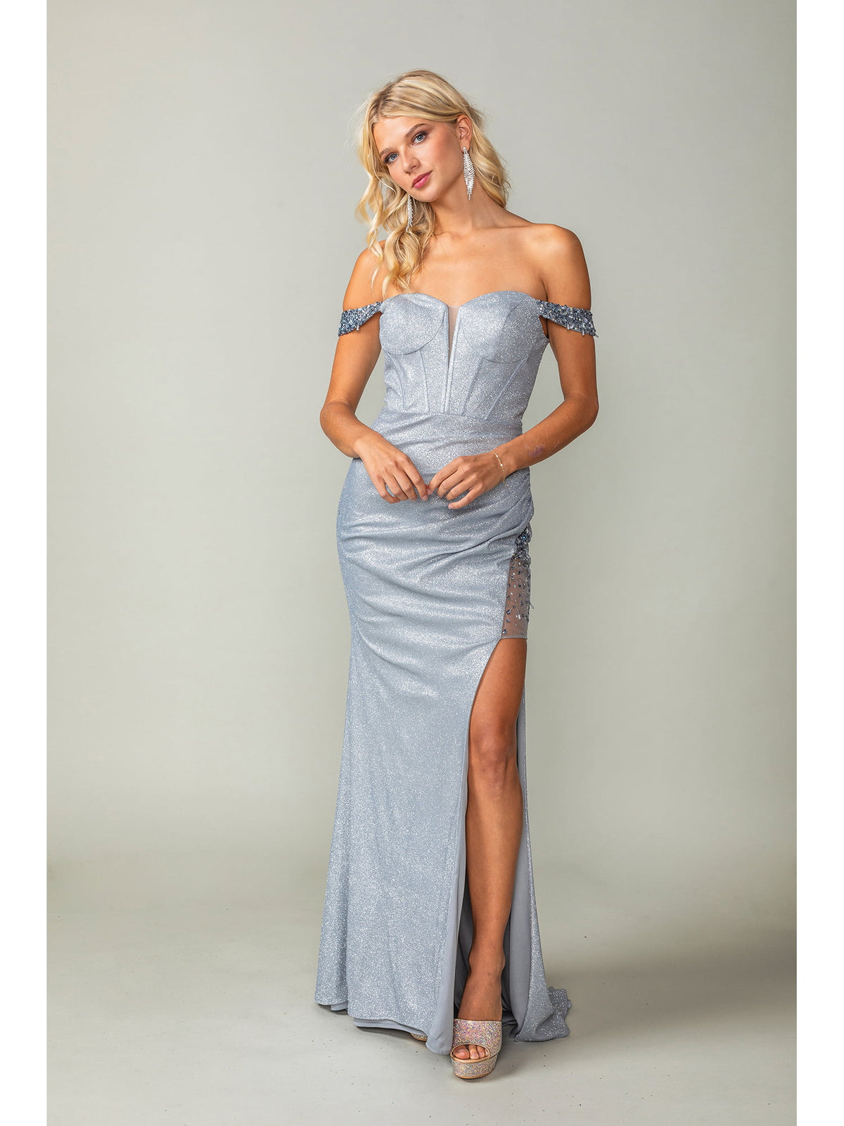 Dancing Queen 4392 prom dress in silver, front view