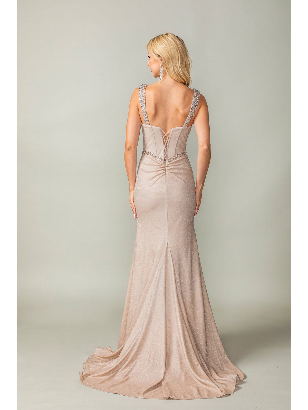 Dancing Queen 4398 prom dress in mocha, back view
