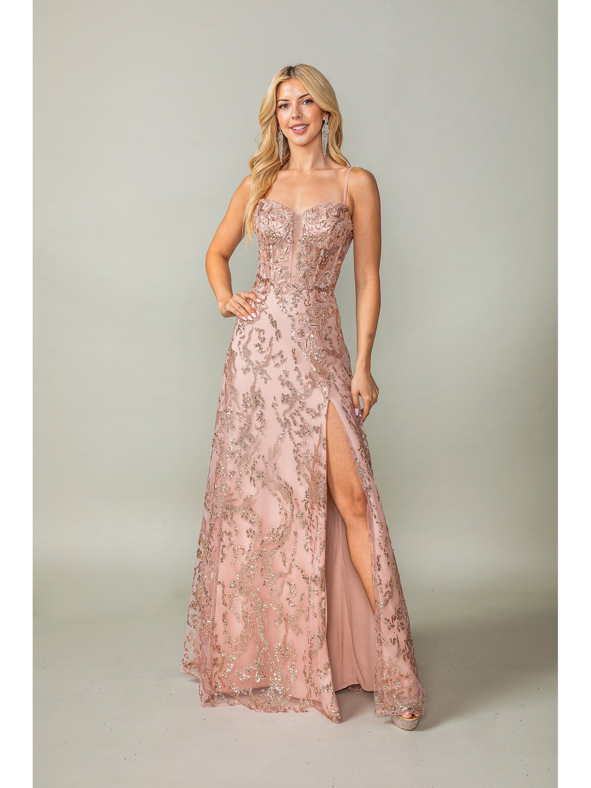 Dancing Queen 4402 prom dress in rose gold, front view