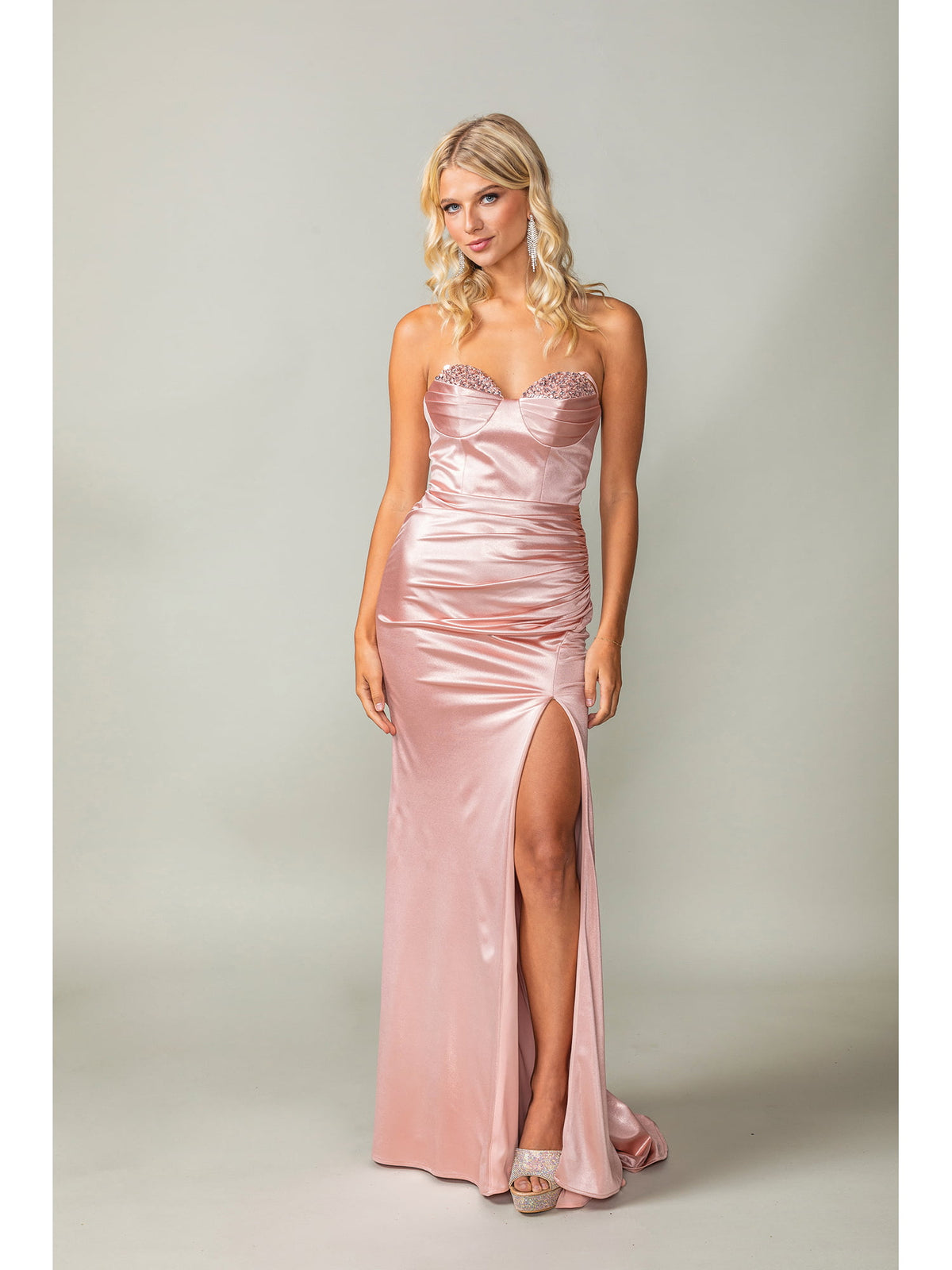 Dancing Queen 4407 prom dress in rose gold, front view