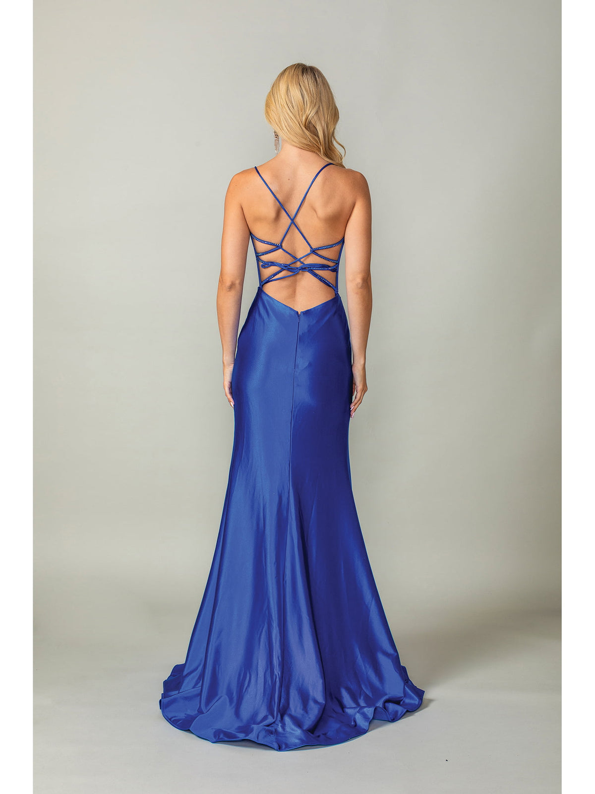 Dancing Queen 4410 prom dress in royal blue, back view