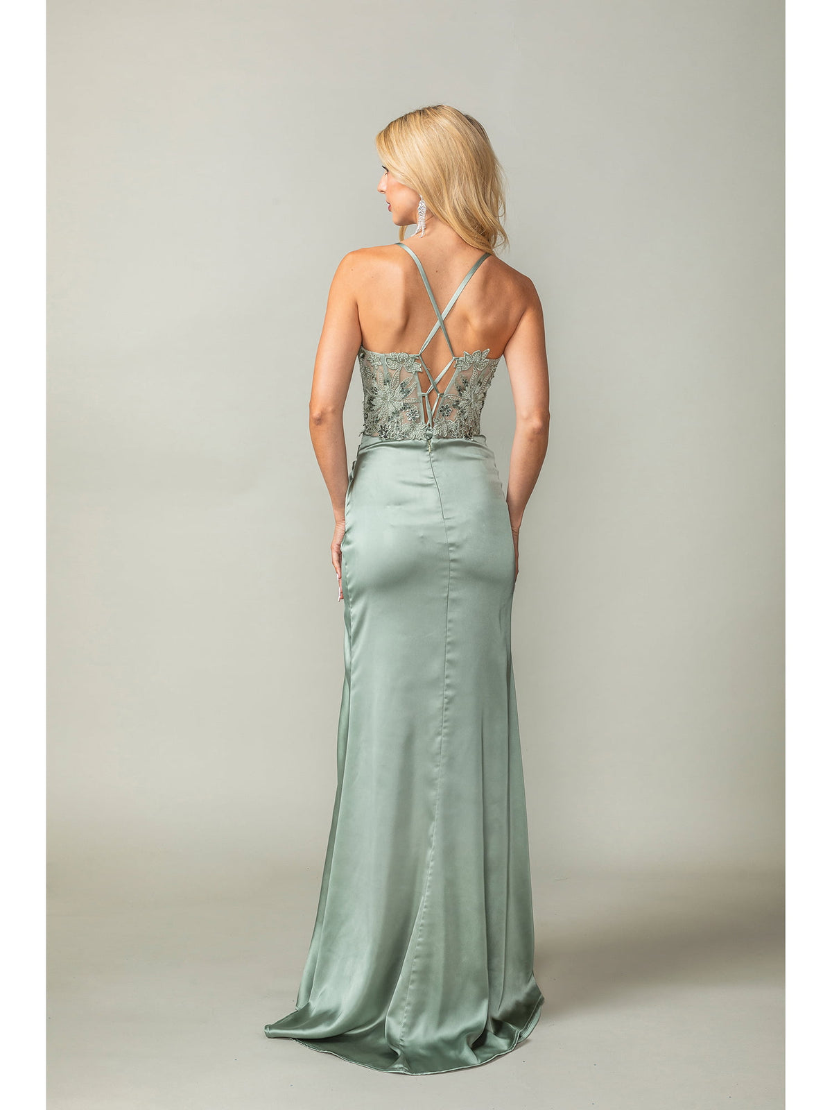 Dancing Queen 4416 prom dress in sage, back view