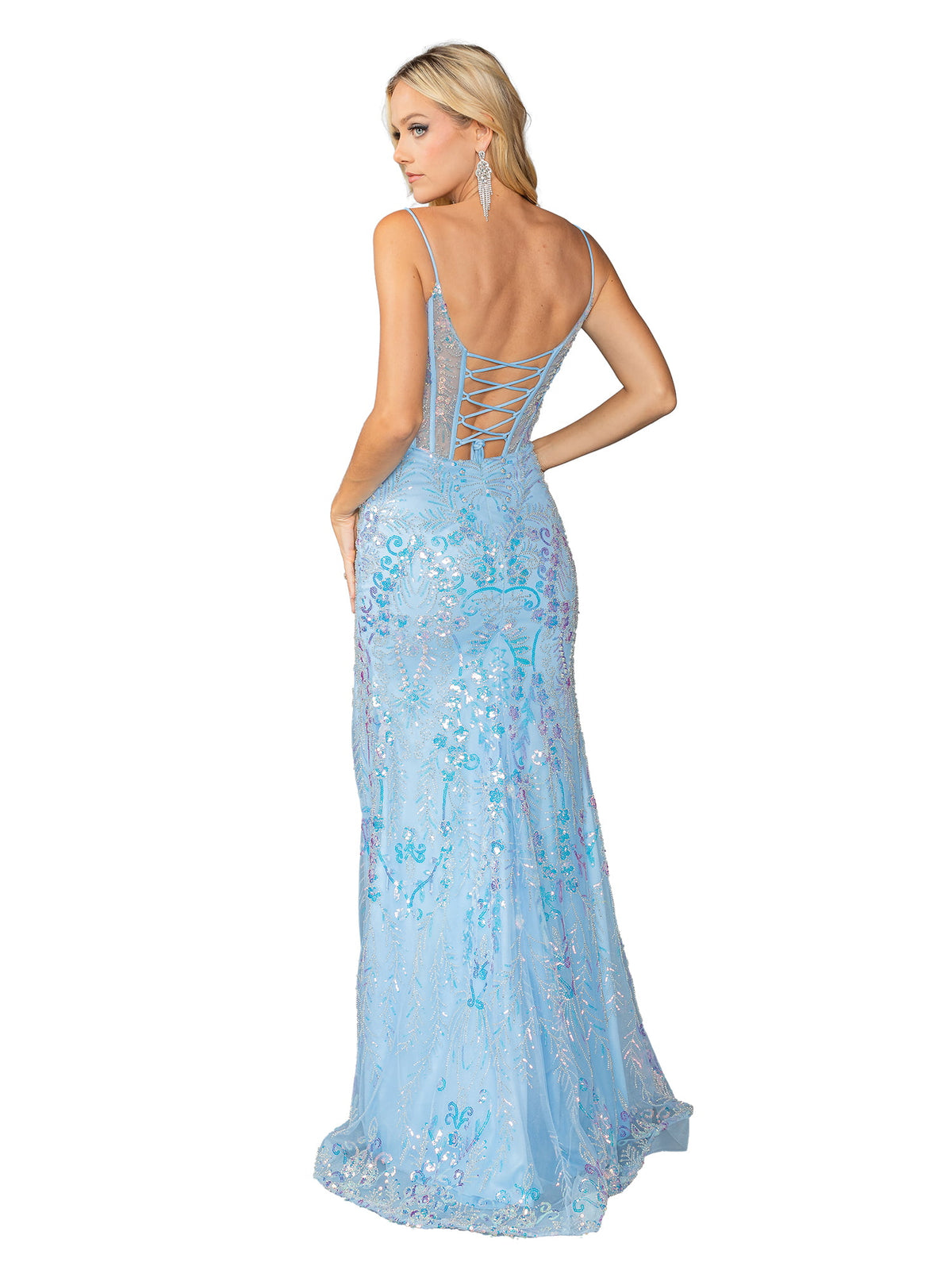 Dancing Queen 4422 prom dress in bahama blue, back view