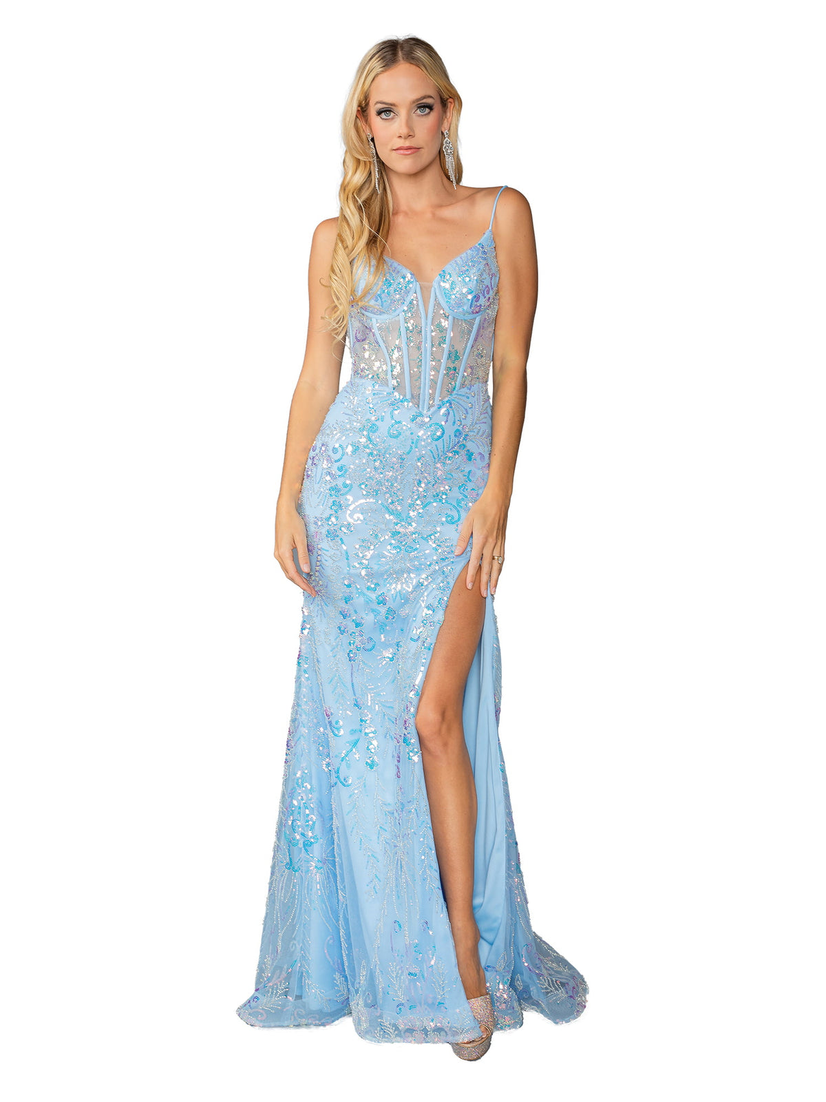 Dancing Queen 4422 prom dress in bahama blue, front view