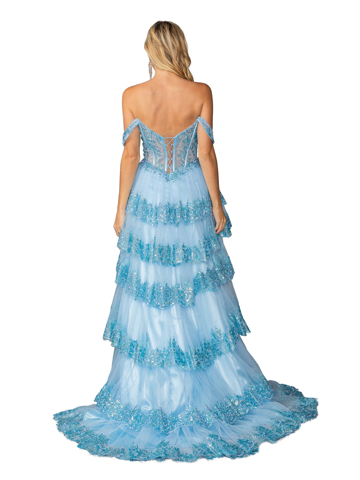 Dancing Queen 4440 prom dress in bahama blue, back view