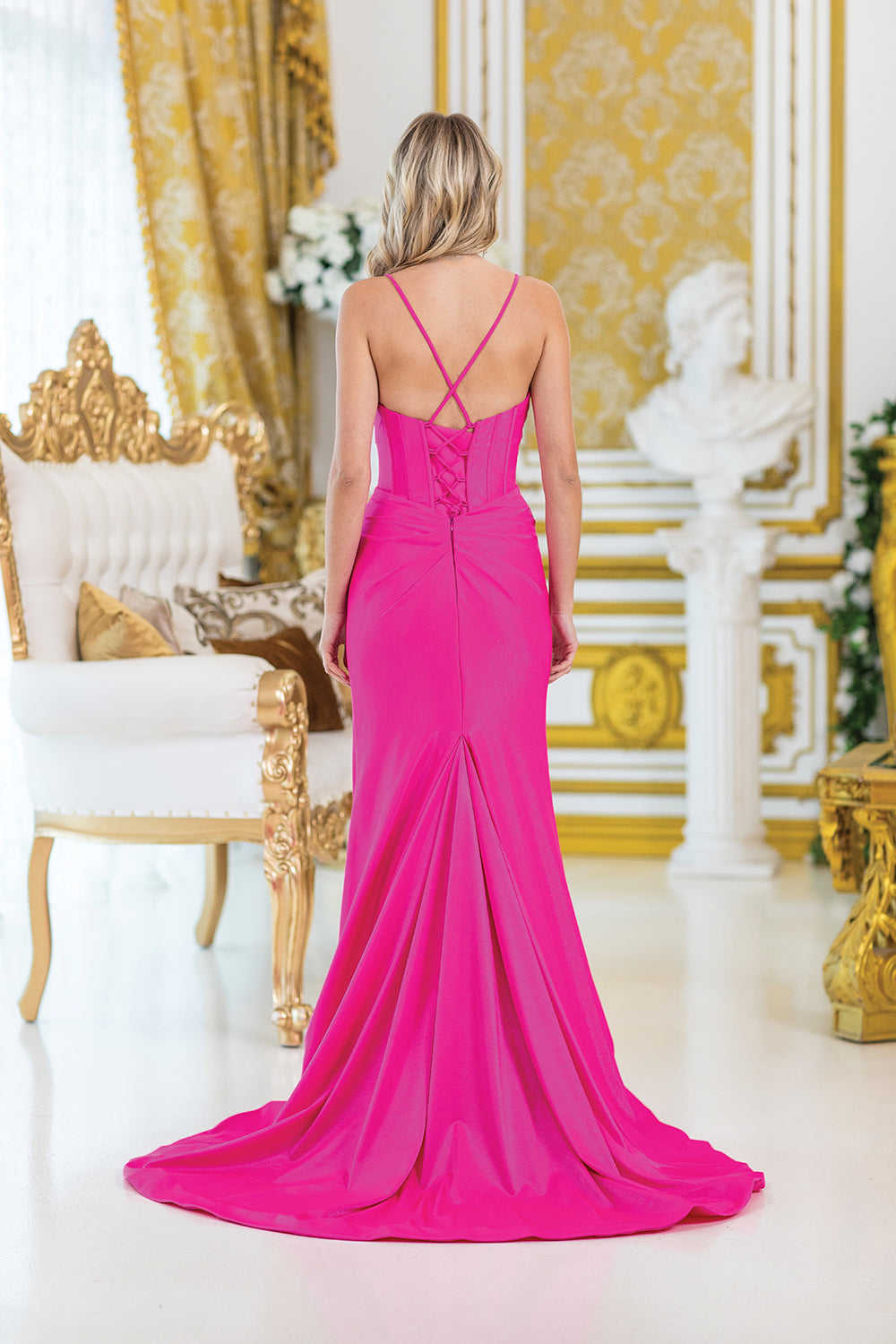 Dancing Queen 4456 prom dress in fuchsia, back view