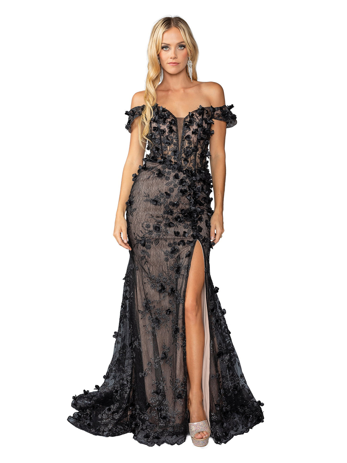 Dancing Queen 4457 prom dress in black/ nude, front view