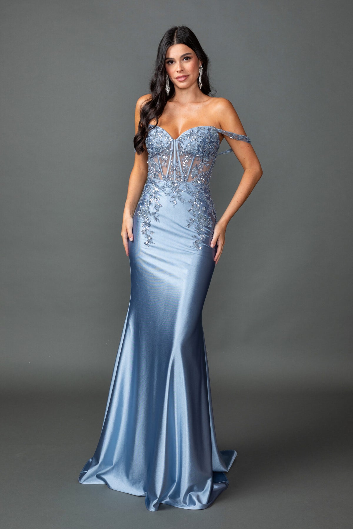 Dancing Queen 4540 prom dress in dusty blue, front view