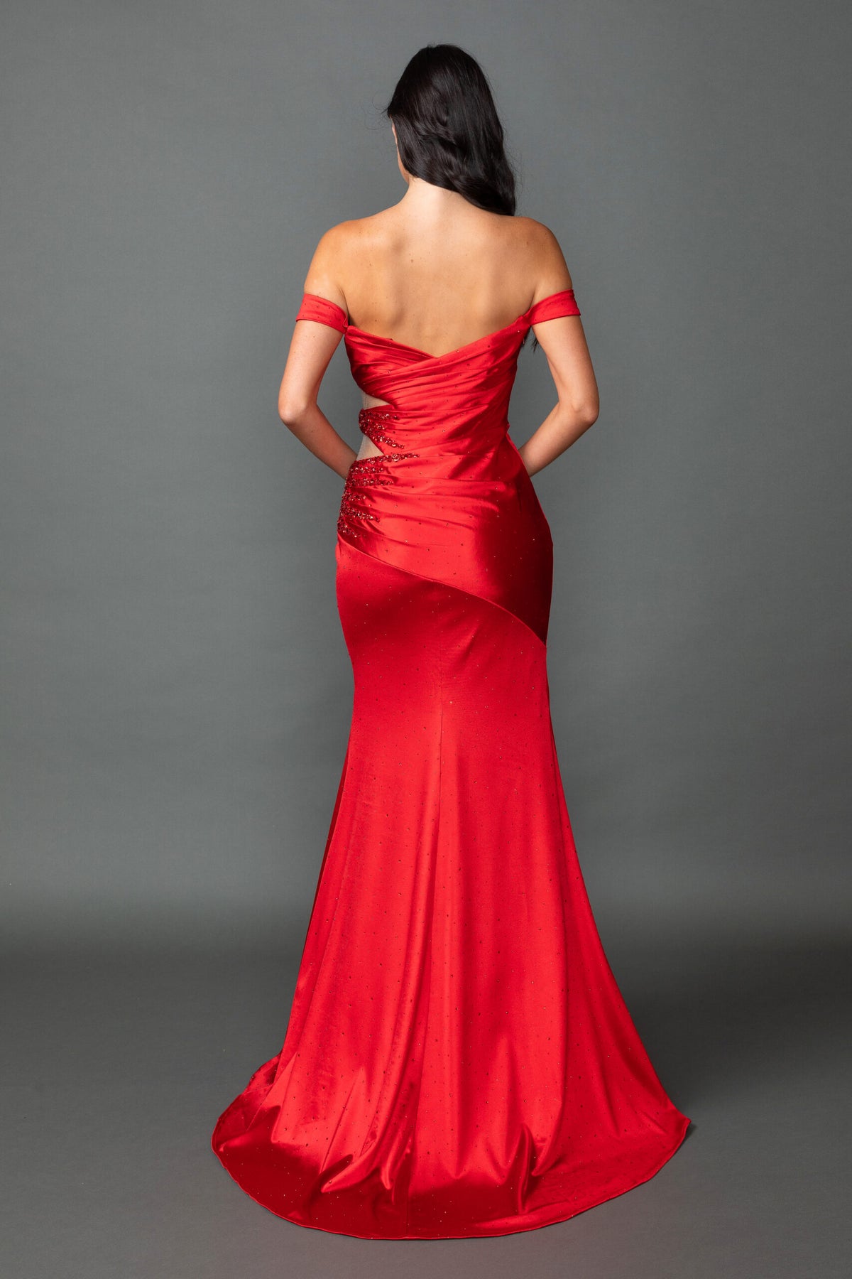 Dancing Queen 4563 prom dress in red, back view