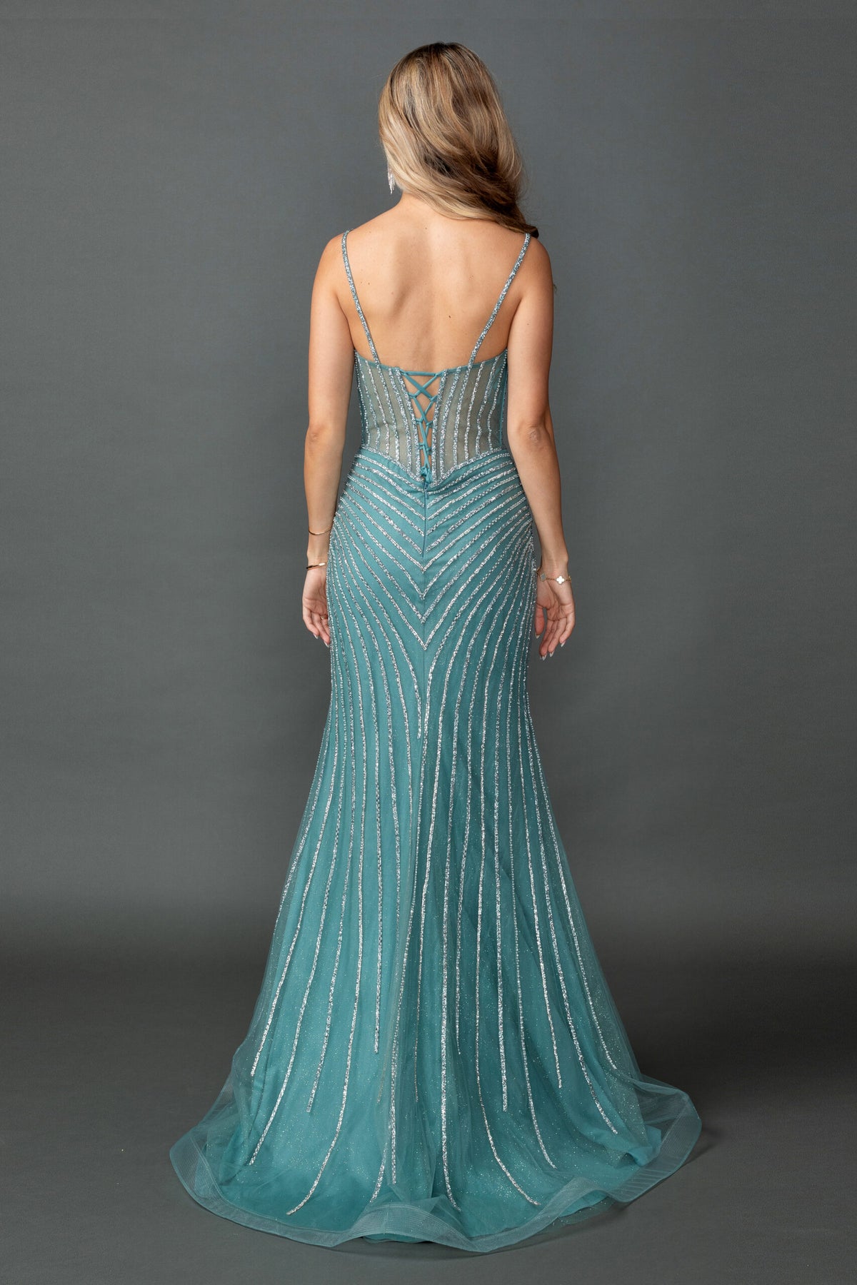 Dancing Queen 4574 prom dress in lake blue, back view