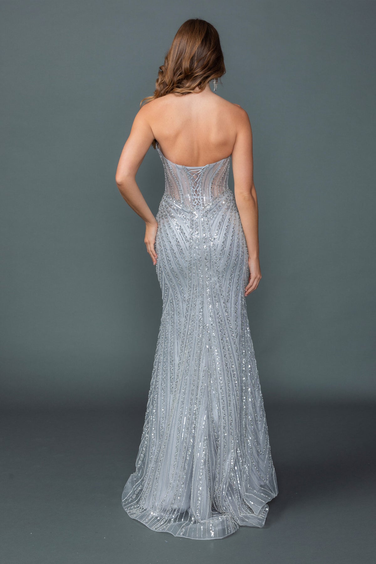Dancing Queen 4606 prom dress in silver, back view