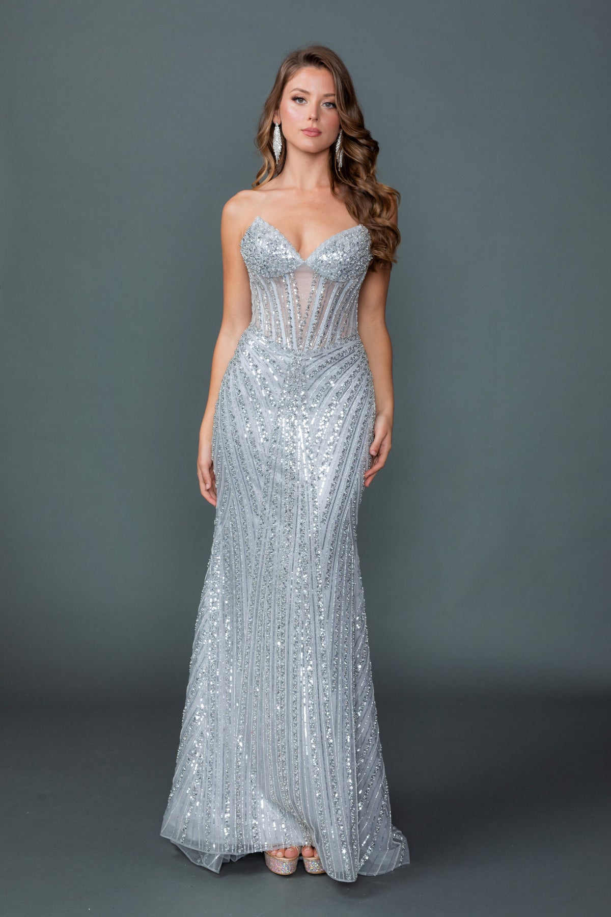 Dancing Queen 4606 prom dress in silver, front view