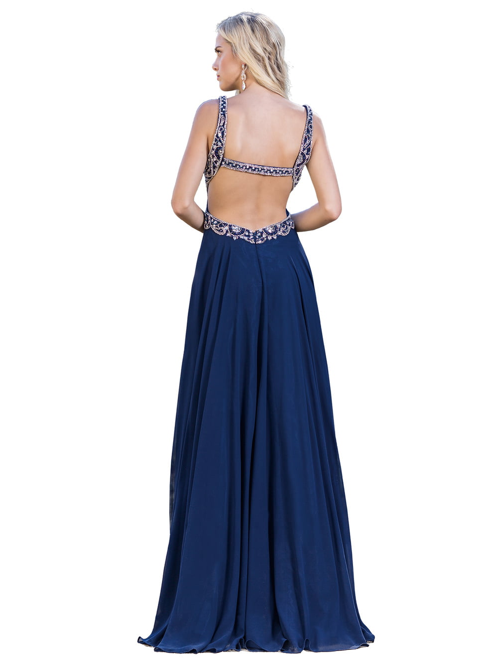 Dancing Queen 9743 prom dress in navy, back view