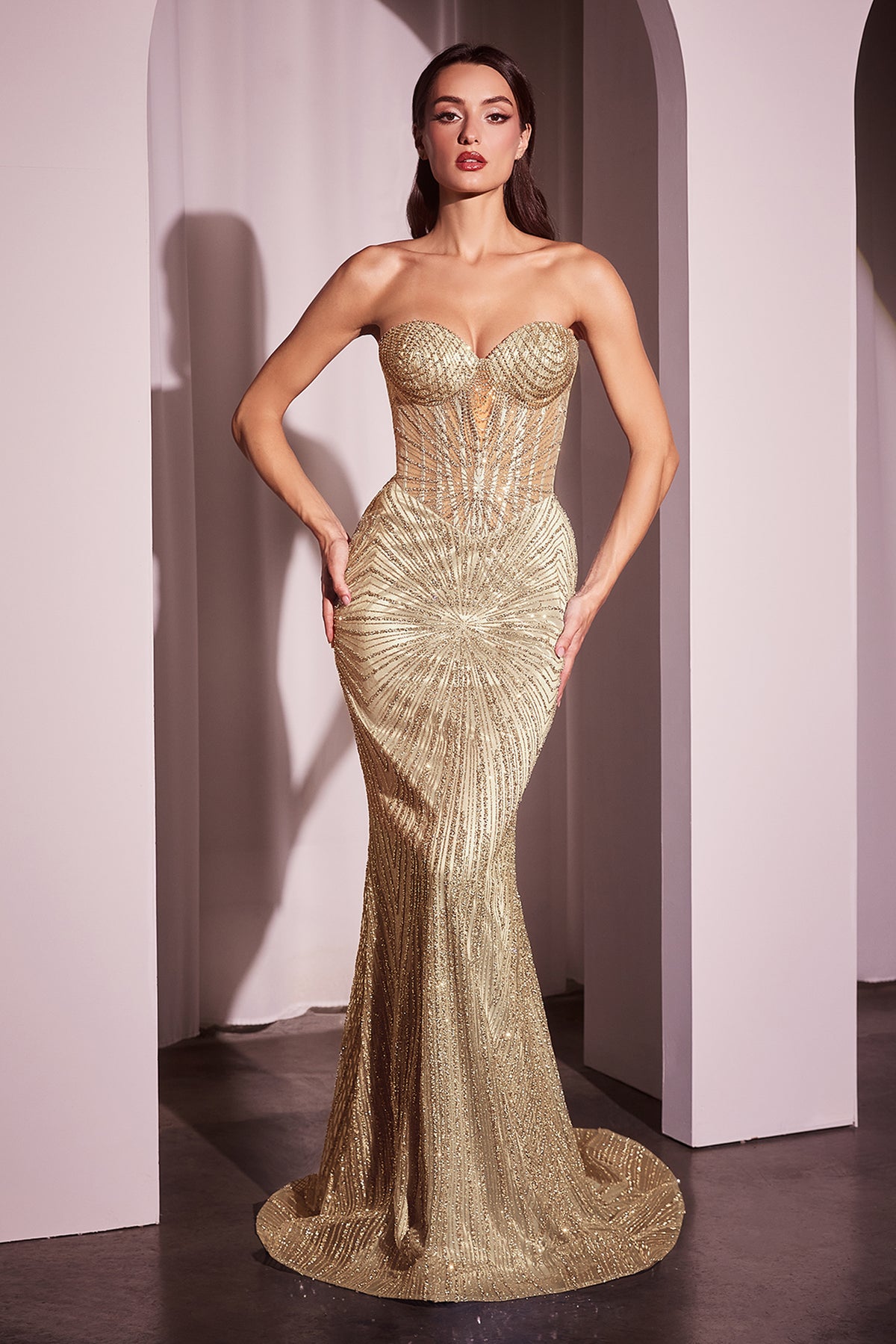 Danna fitted beaded evening gown in Gold