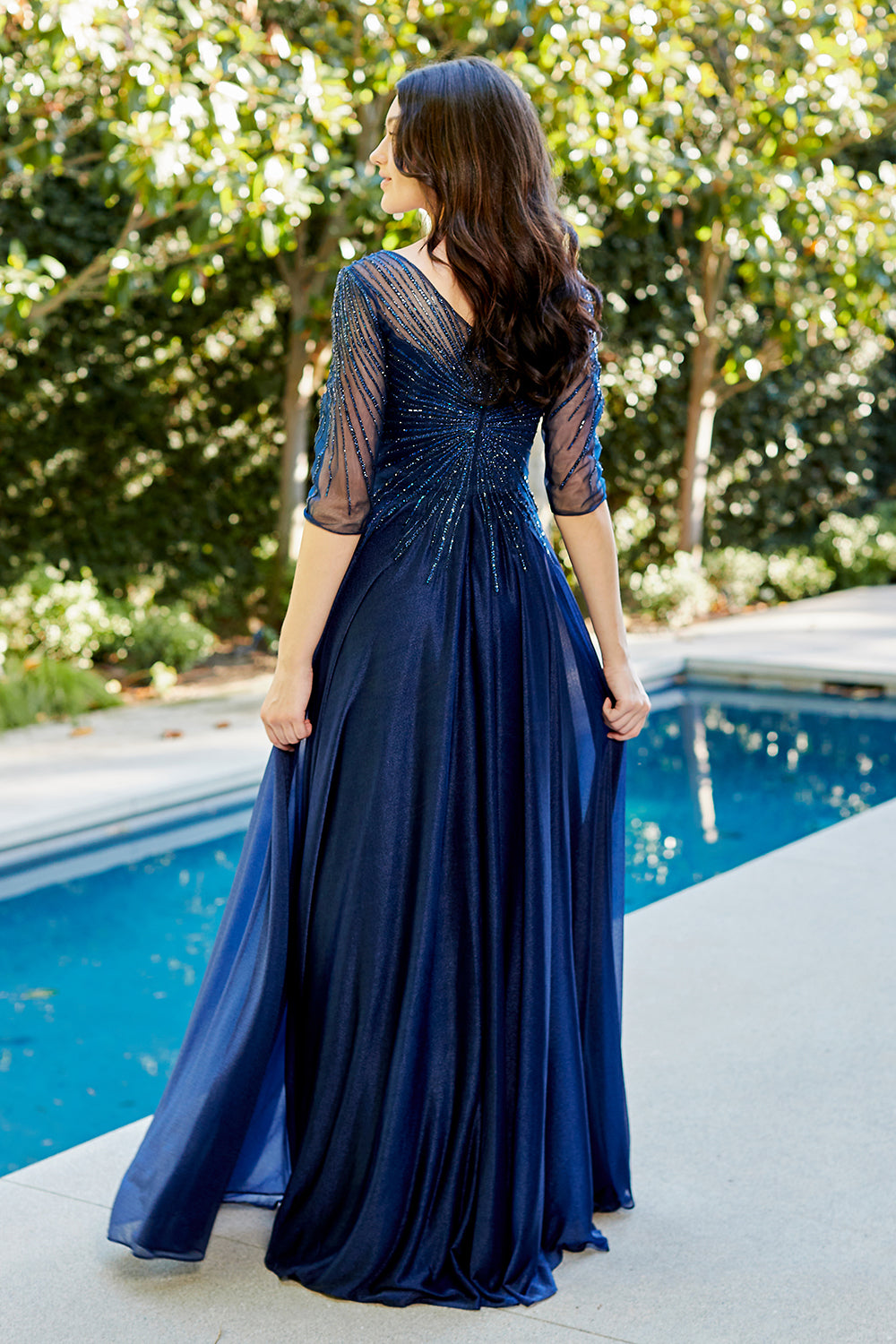 KF1501 v-neck long-sleeve evening gown, navy, back view