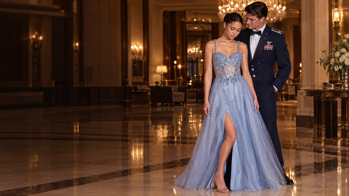 Woman wearing a smoky blue evening gown beside a man in military dress uniform in an elegant hotel lobby.