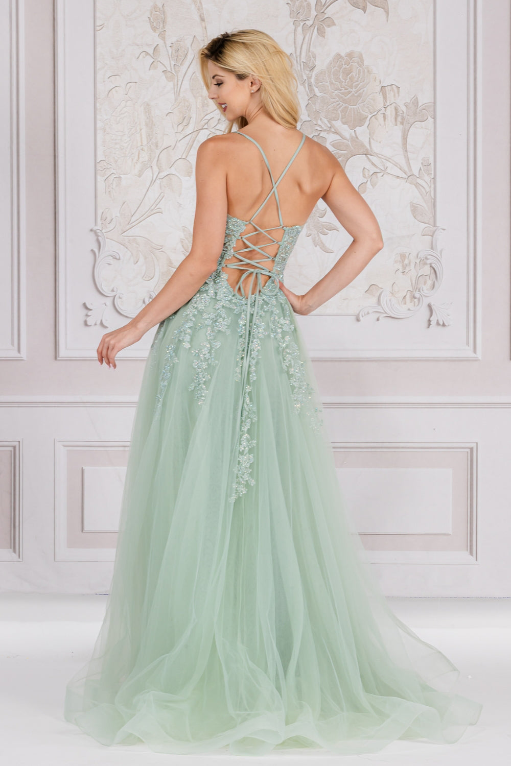 TM1006 floral embroidered tulle slit gown, sage, back view