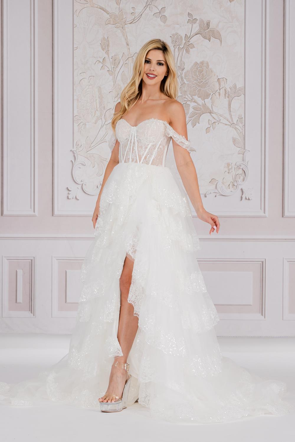 TM1012 lace a-line slit wedding gown, white, front view