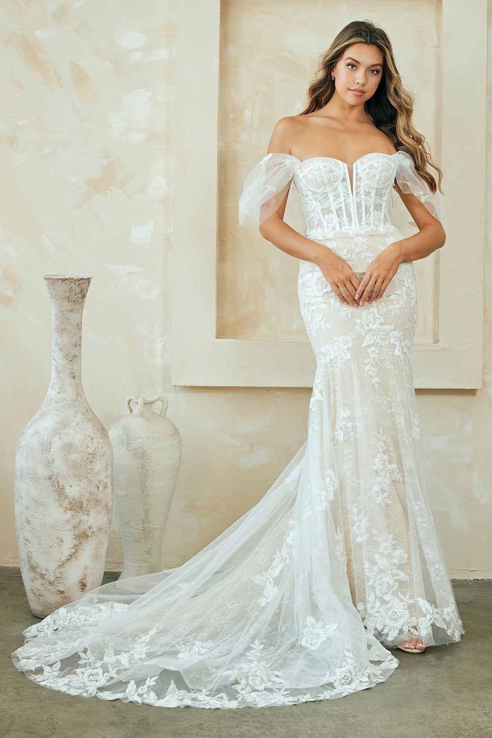 WL0100 lace corset wedding gown, white, front view