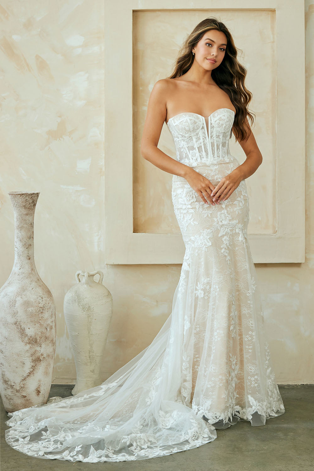 WL0100 lace corset wedding gown, white, front view