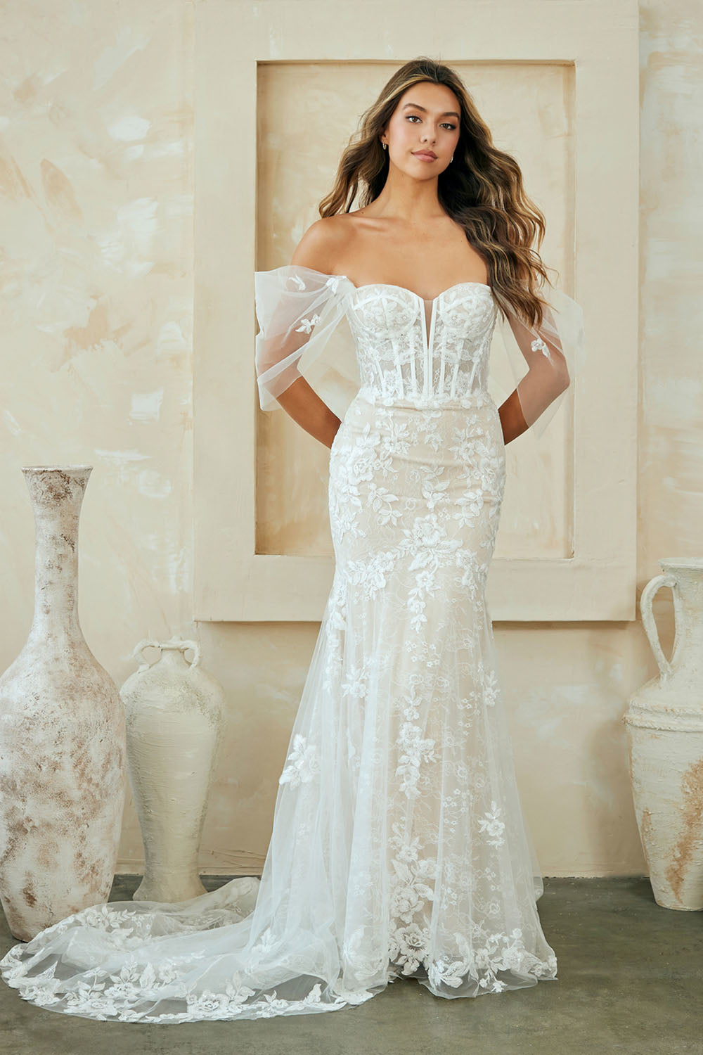 WL0100 lace corset wedding gown, white, front view