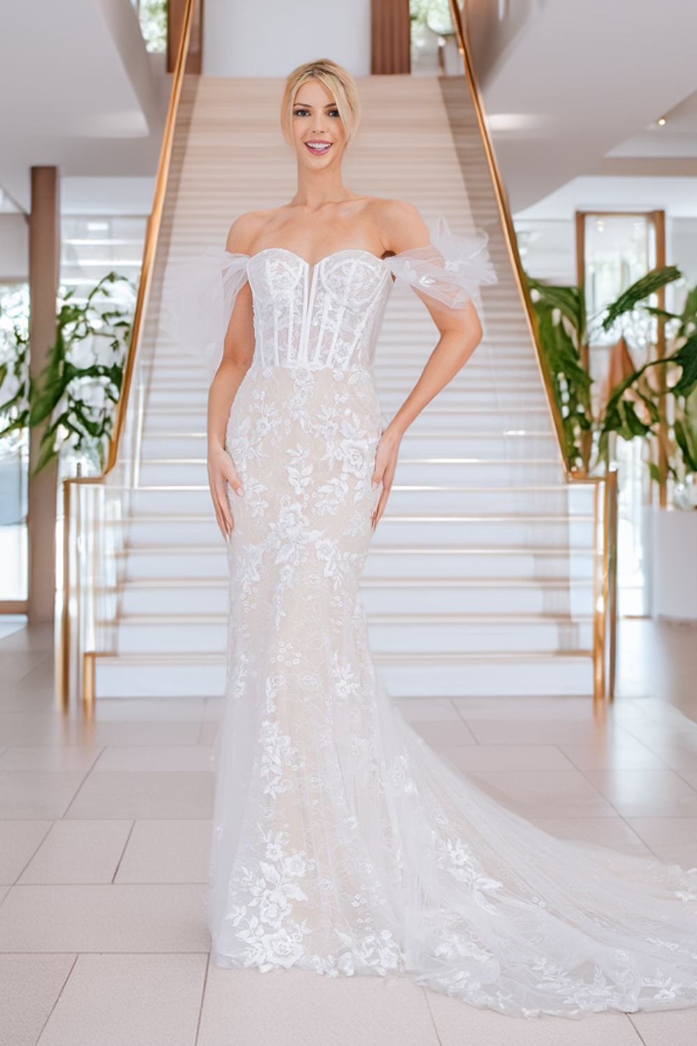 WL0100 lace corset wedding gown, white, front view
