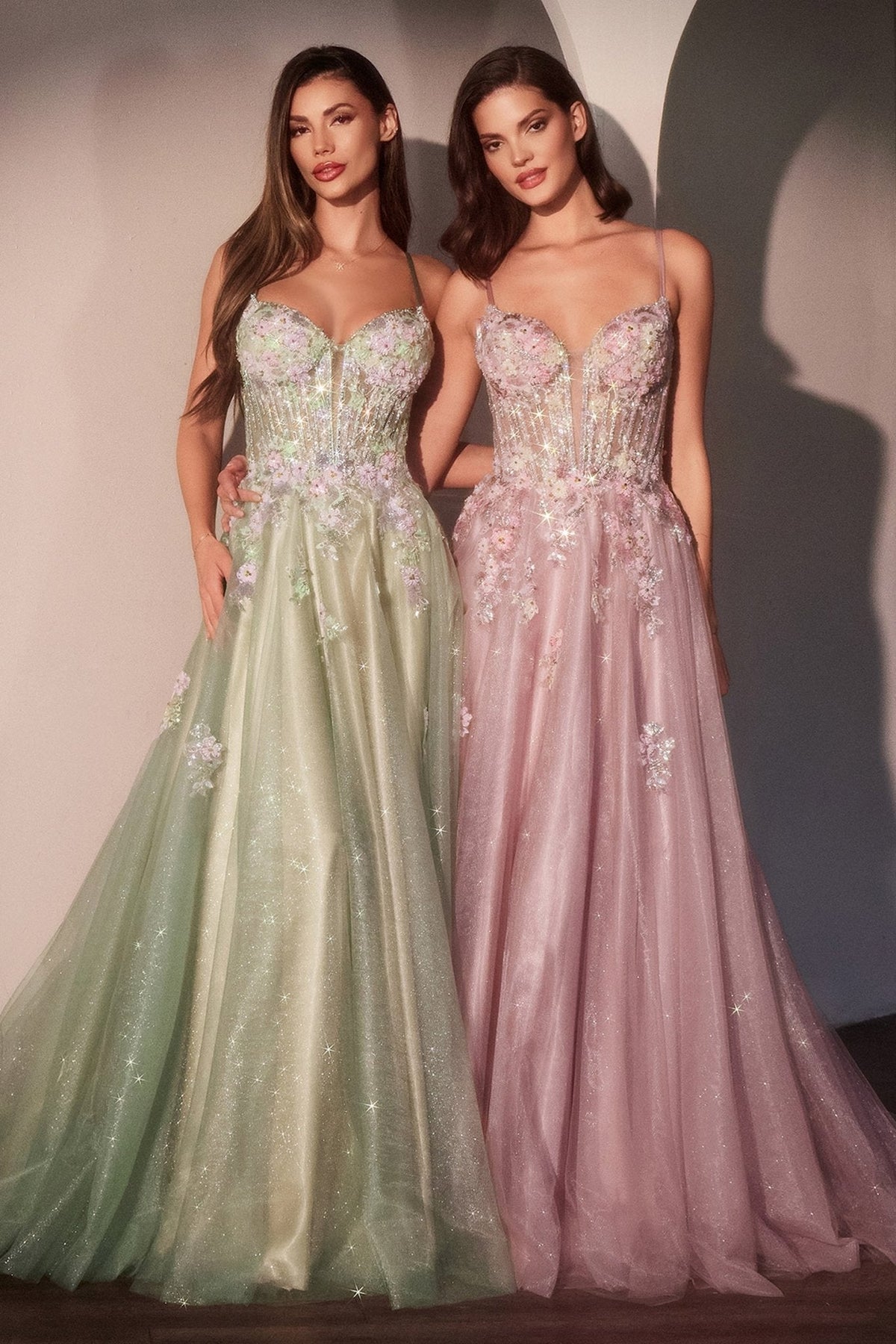 A-line glitter tulle dress in Mauve and Sage — group photo