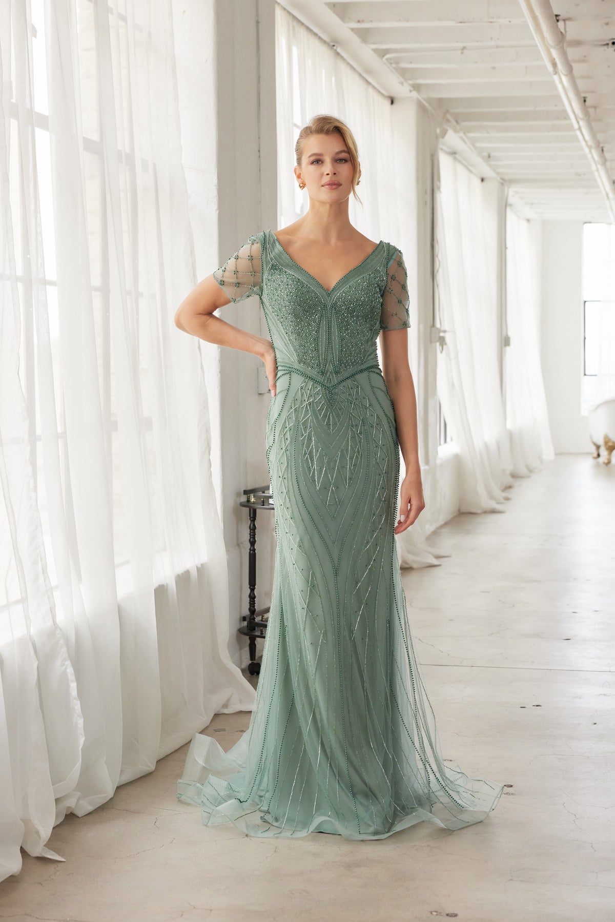 Floriane evening dress in Sage Green