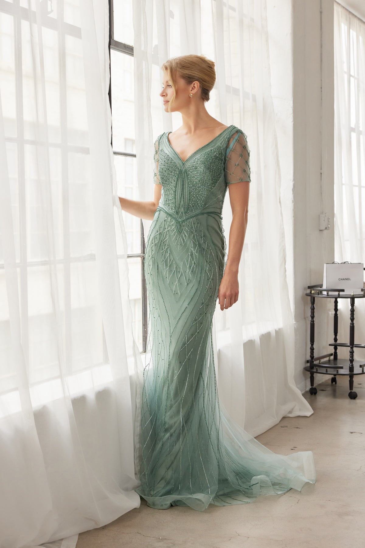 Floriane evening dress in Sage Green