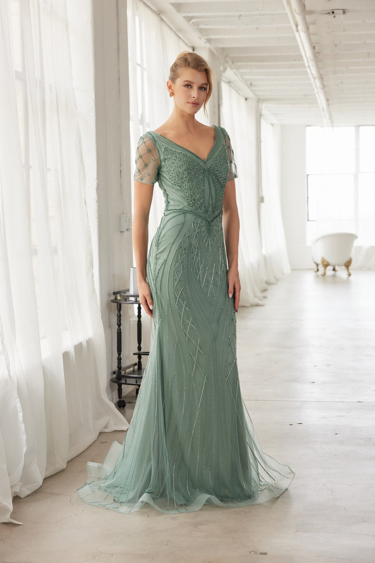 Floriane evening dress in Sage Green