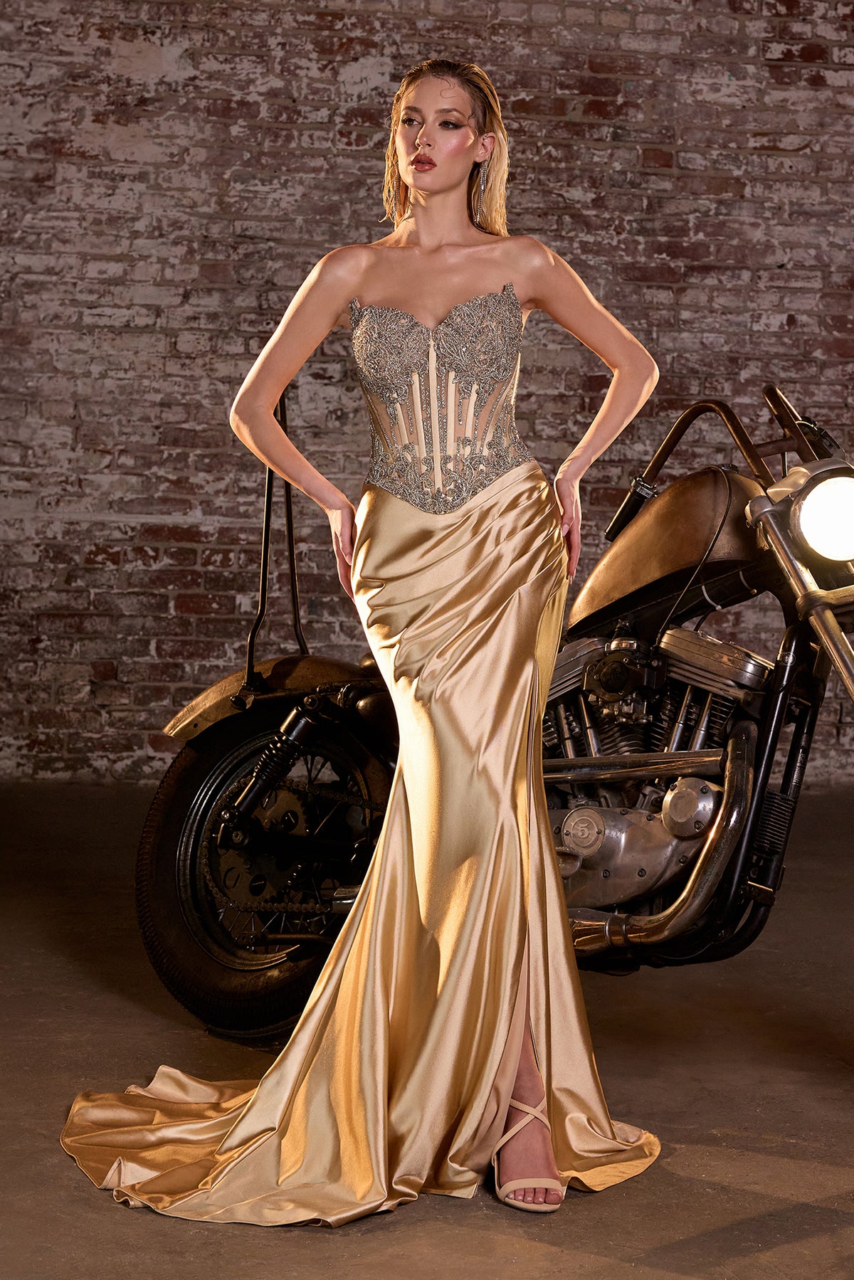 Gala dress — Gold full front view of the satin gown and embellished corset.