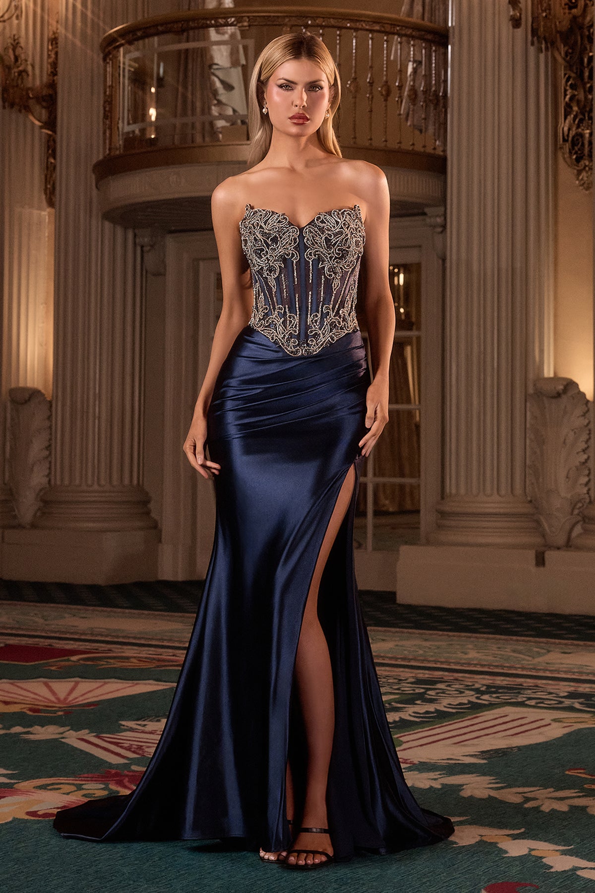 Gala dress — Navy full front view showing the fitted satin skirt and slit.