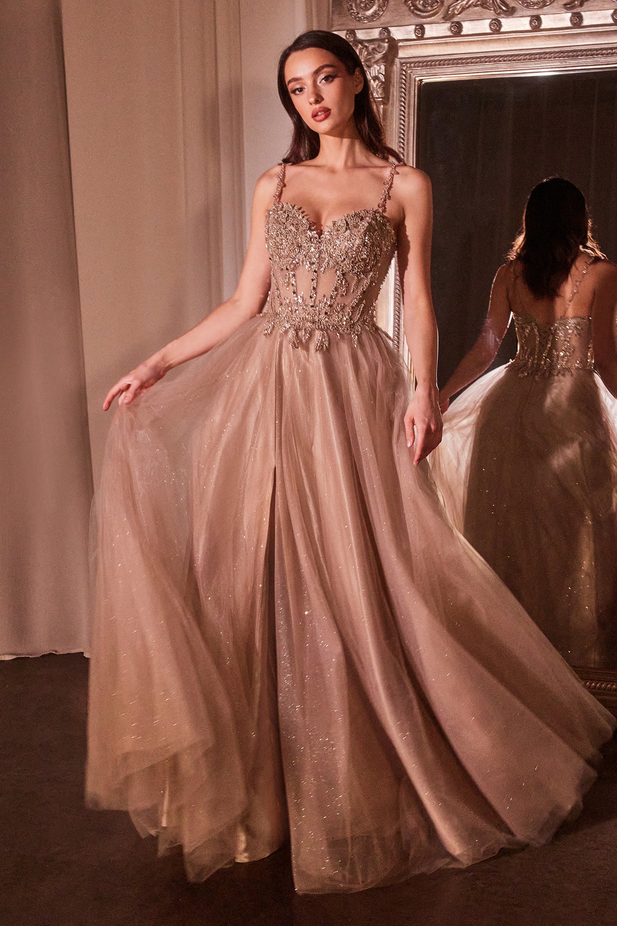Lotus dress in Mocha Gold — front view