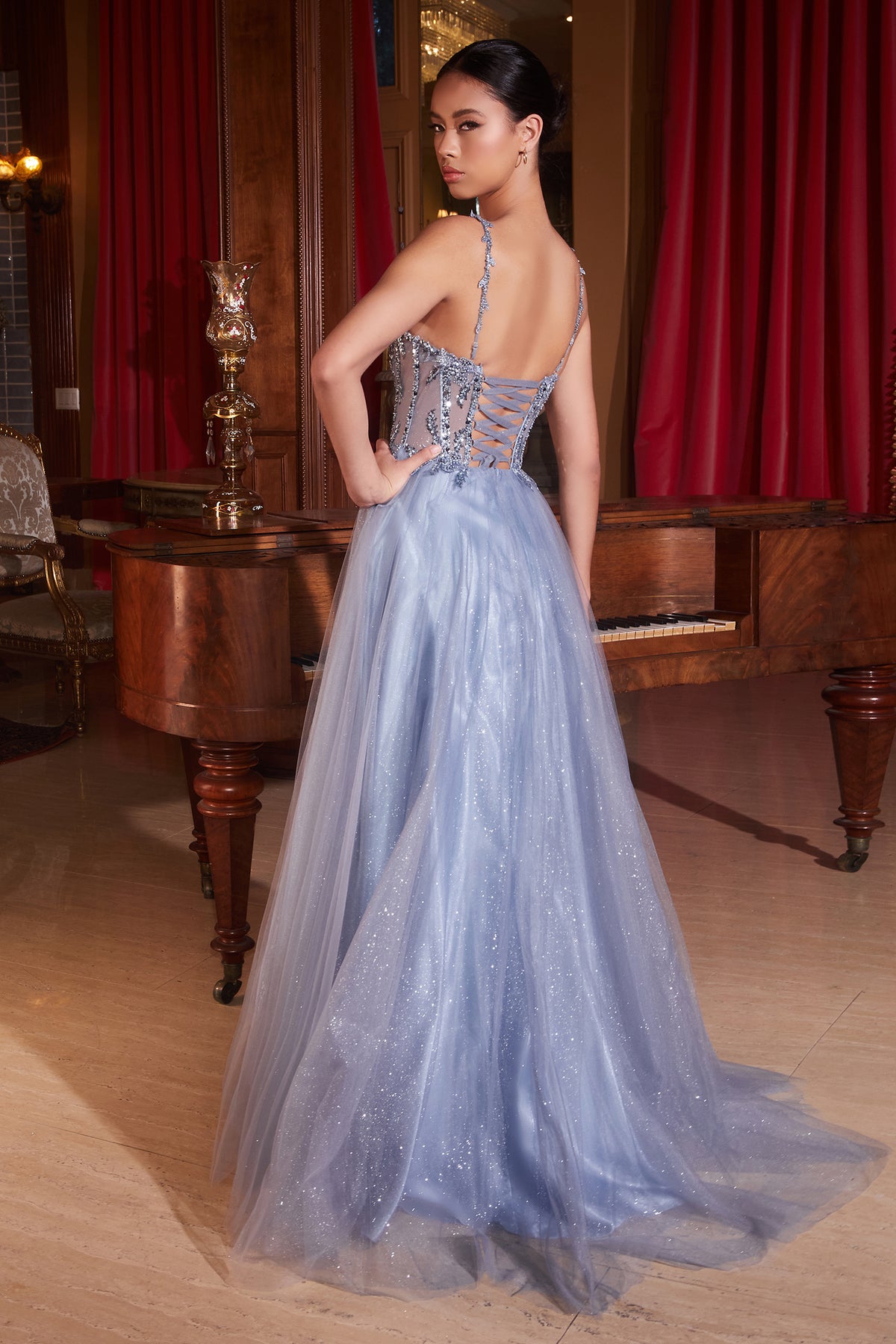 Lotus dress in Smoky Blue — front view