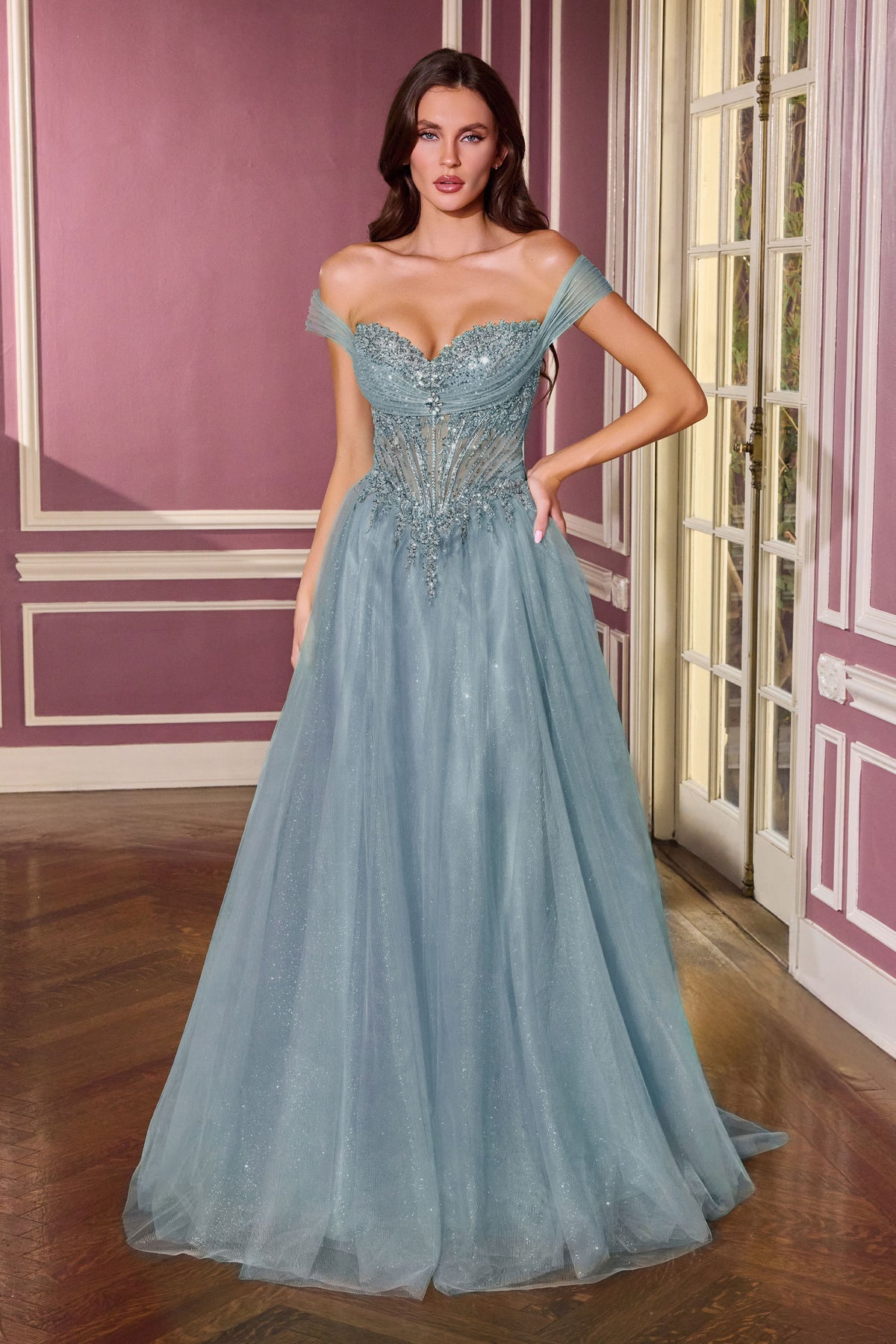 Nocturne dress — Smoky Blue full front view of the off-shoulder glitter tulle gown.
