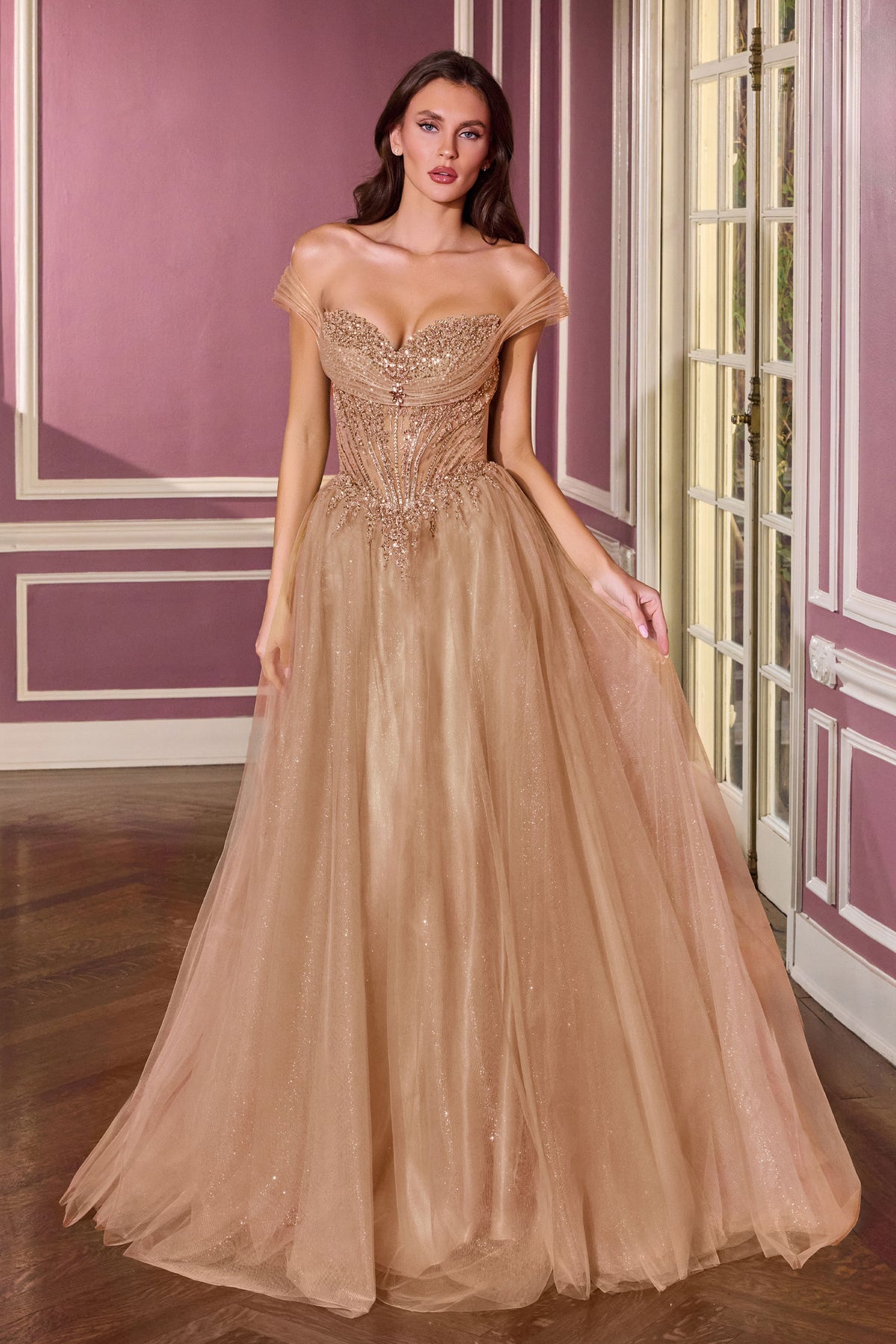 Nocturne dress — Mocha Gold front view of the beaded bodice and full tulle skirt.