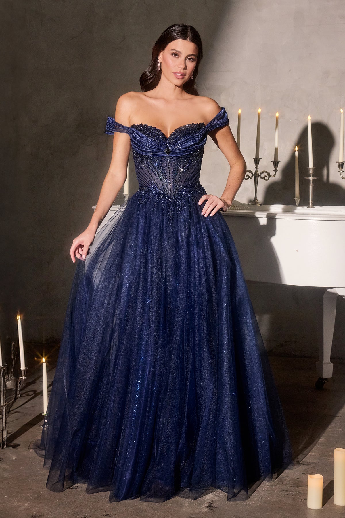 Nocturne dress — Navy full front view showing the draped neckline and glitter skirt.