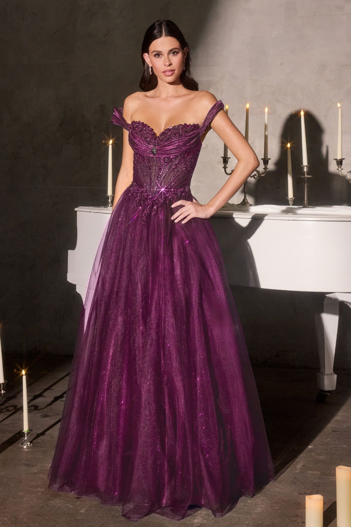 Nocturne dress — Eggplant full front view of the off-shoulder beaded gown.