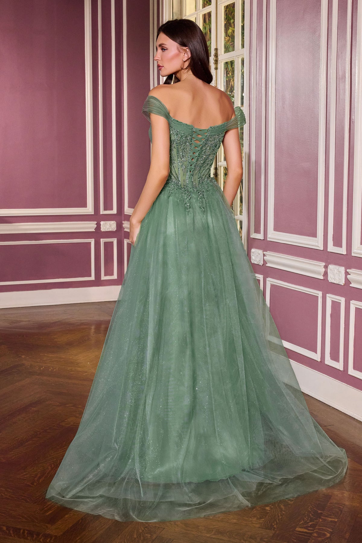 Nocturne dress — Dark Sage back view showing the lace-up corset and tulle train.