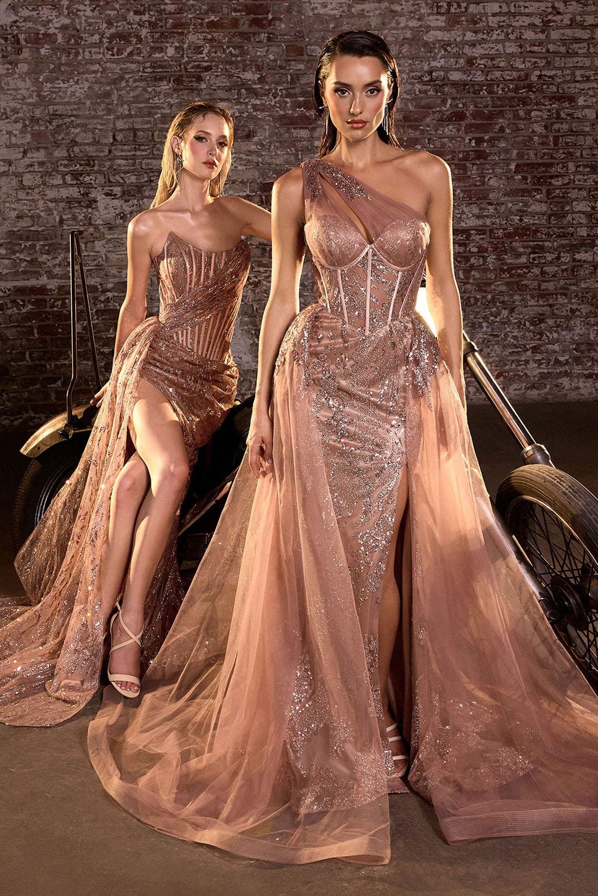 Veronica dress — Mocha Gold group photograph; Veronica is the strapless gown on the left.