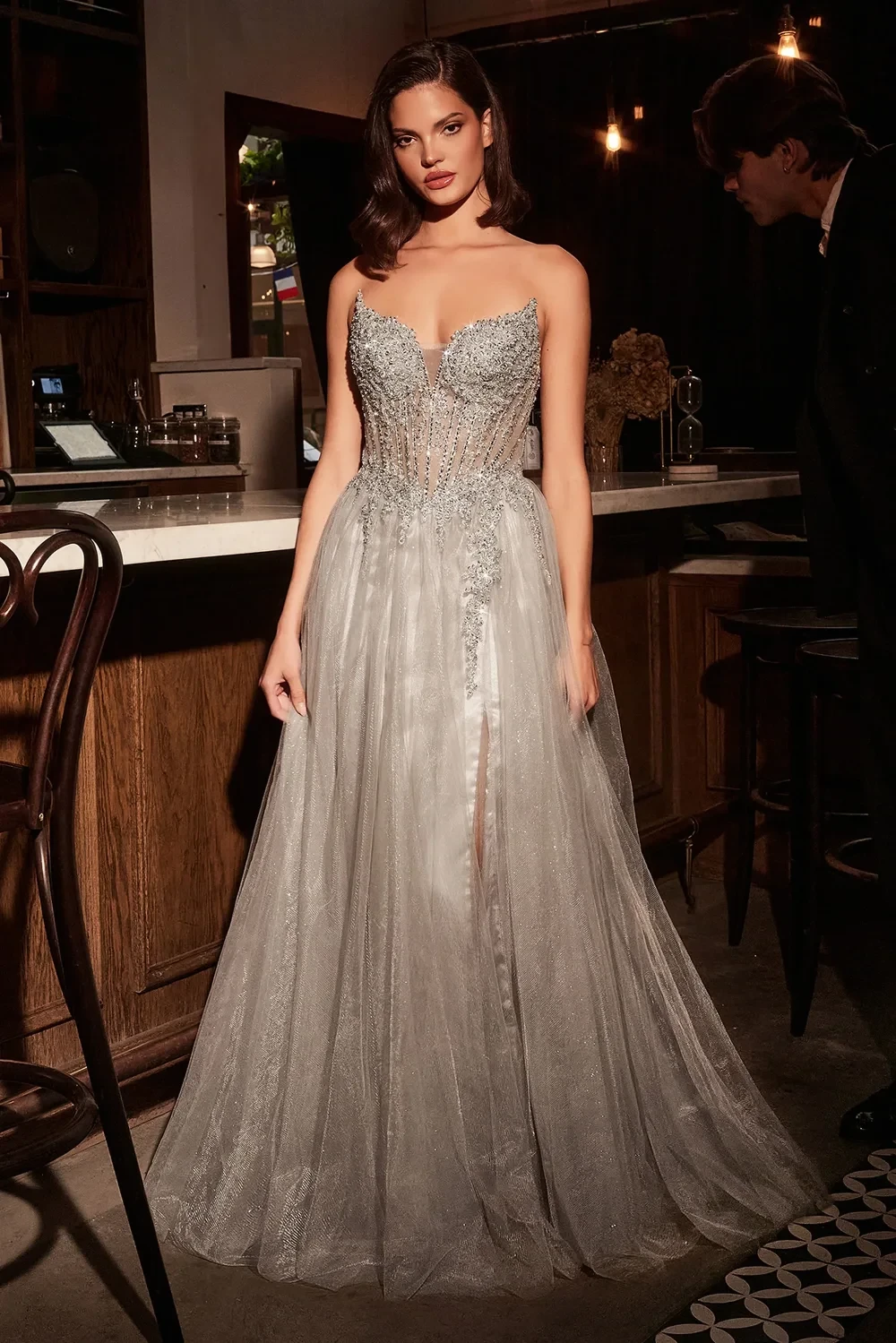 Model wearing a silver gown